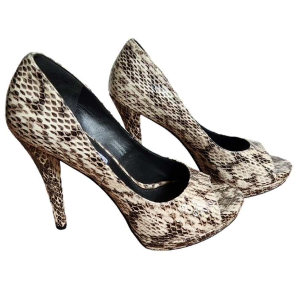 VERA WANG LAVENDER open toe black brown and cream snakeskin print heels Size 6.5